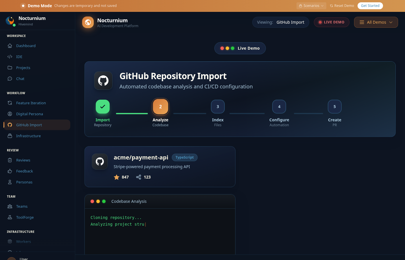 GitHub Import & Automation: Import repos, automate workflows, and manage PRs with AI assistance.