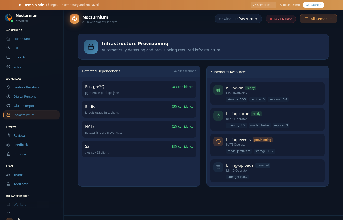 Infrastructure Provisioning: Auto-detect and provision databases, caches, and infrastructure.