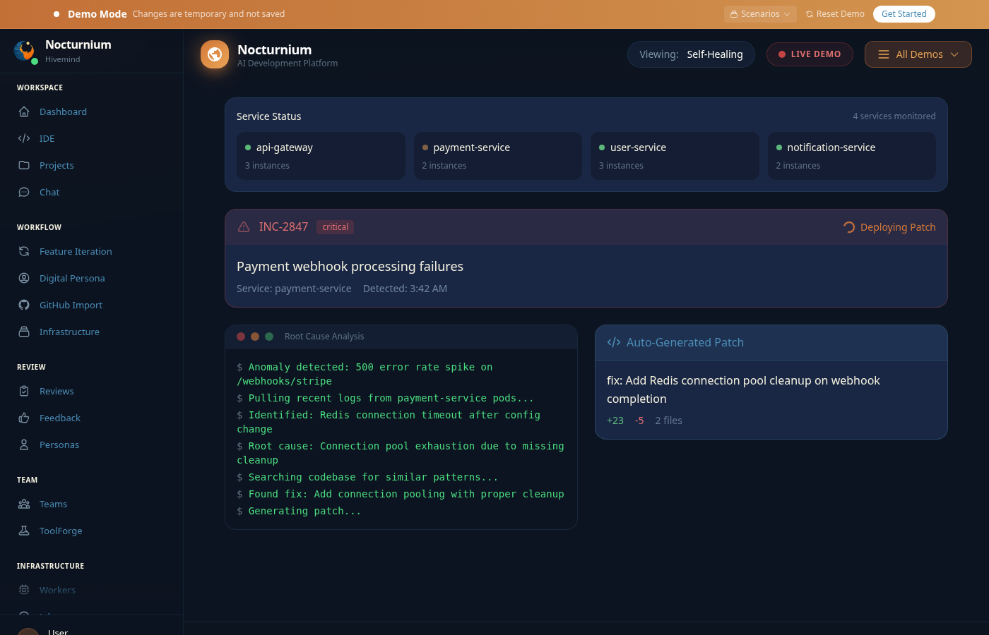 Self-Healing Production: Auto-rollback, incident detection, and automated bug filing.